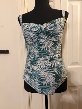 Ruched One-Piece Swimsuit in Teal Leaf Print